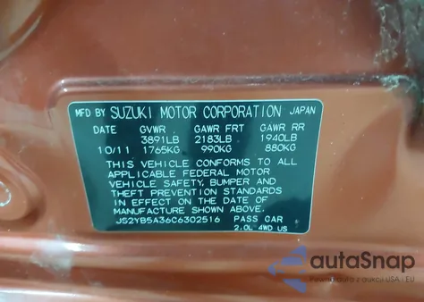 2012 Suzuki Sx4 z USA, uszkodzony, nr VIN JS2YB5A36C6302516